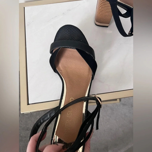 River Island  | Open Toe Black/Wood/Gold Block Heels | Size 8 (Fits like 9-9.5) - Picture 4 of 10